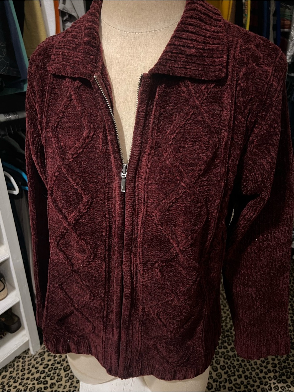 croft & barrow Plush Chenille Zip Cardigan - Deep Burgundy